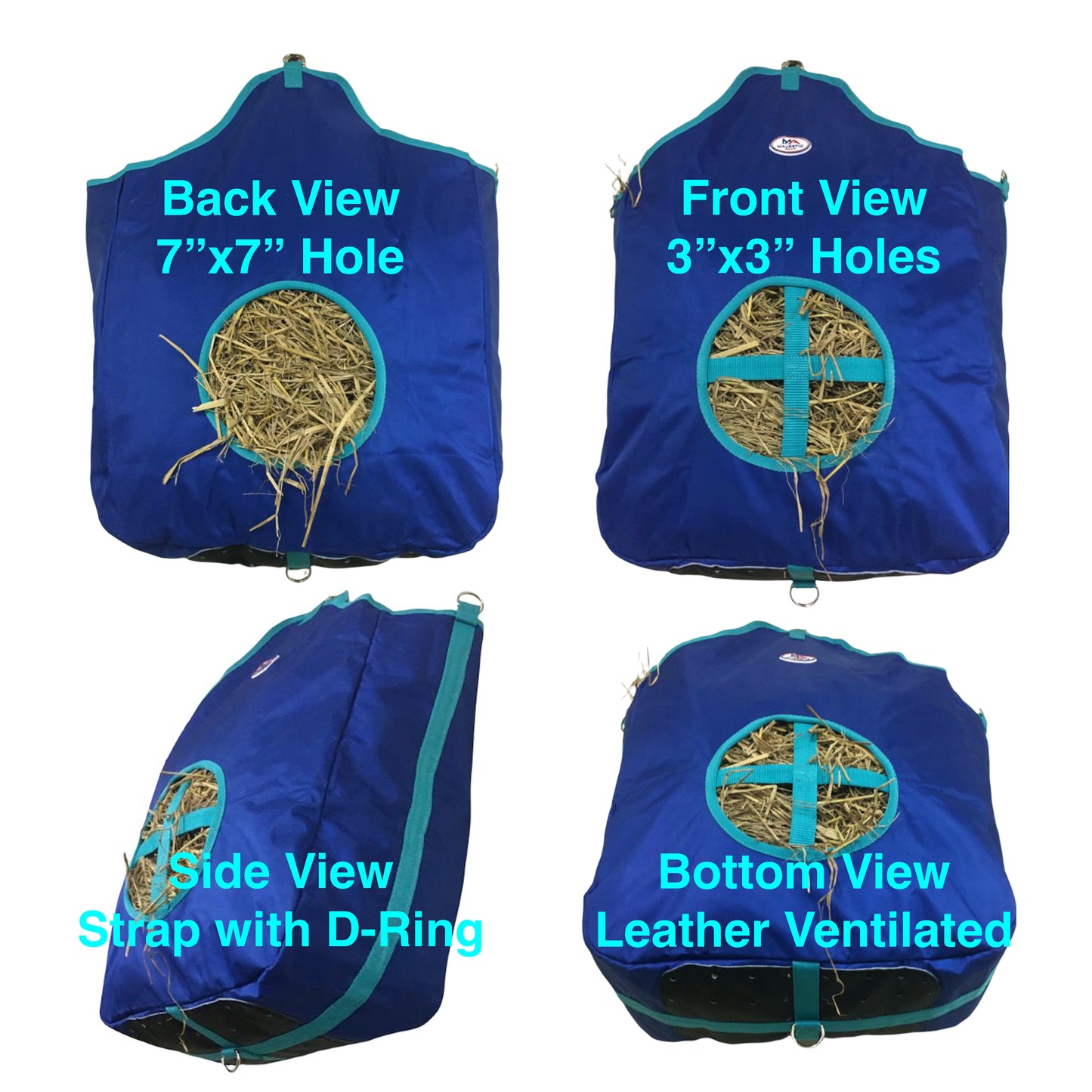 Majestic Ally Hay Tote Bag for Horse, Goat, and Sheep – Double-Sided Feeding Design with Faux Leather Ventilated Bottom | Durable Nylon, Simulates Grazing, Reduces Waste