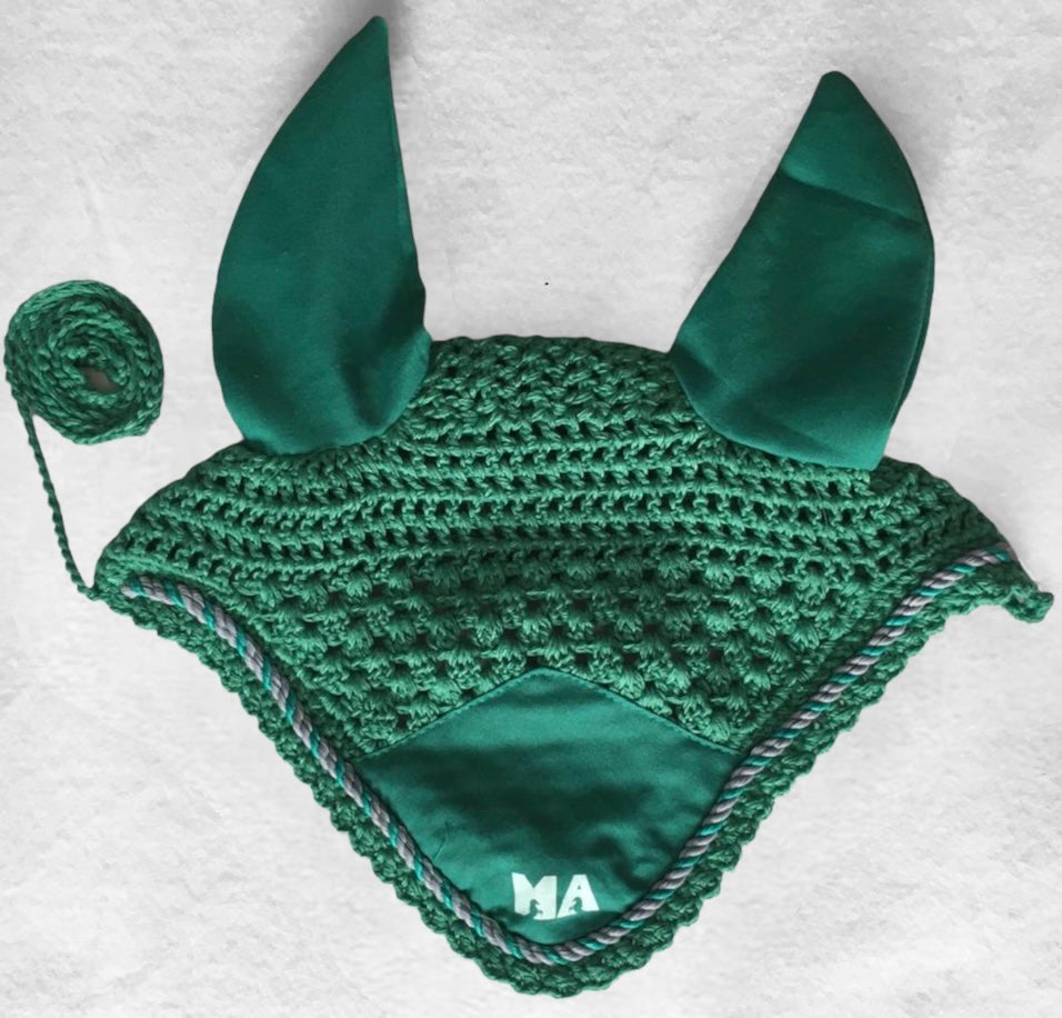 Majestic Ally 2 Pcs Handcrafted Crochet Fly Veil with Ear Net and Braided Rope for Horse