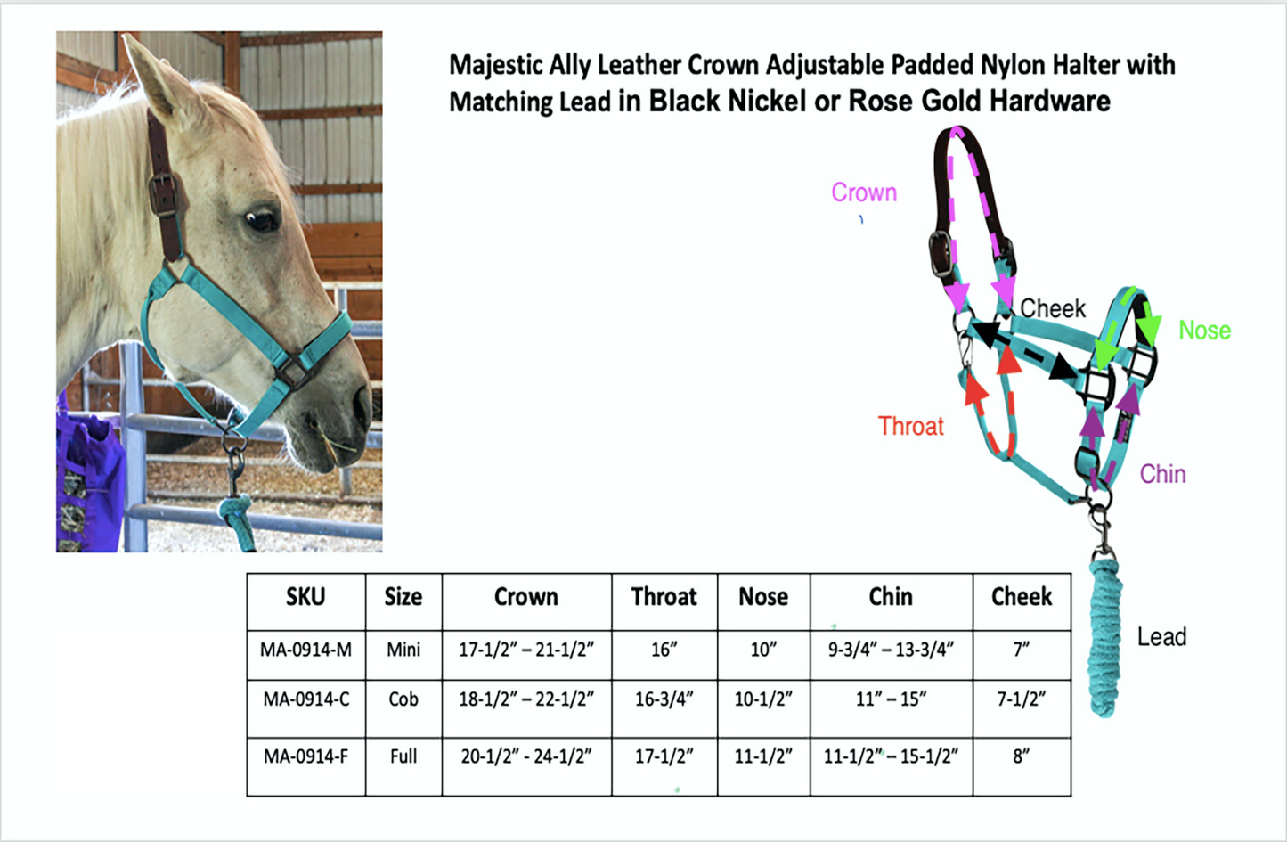 Majestic Ally Leather Halter with Matching Lead Rope for Horses – Leather Breakaway Crown - Adjustable Chin Strap – Rolled Throat Latch – Padded Noseband – Full