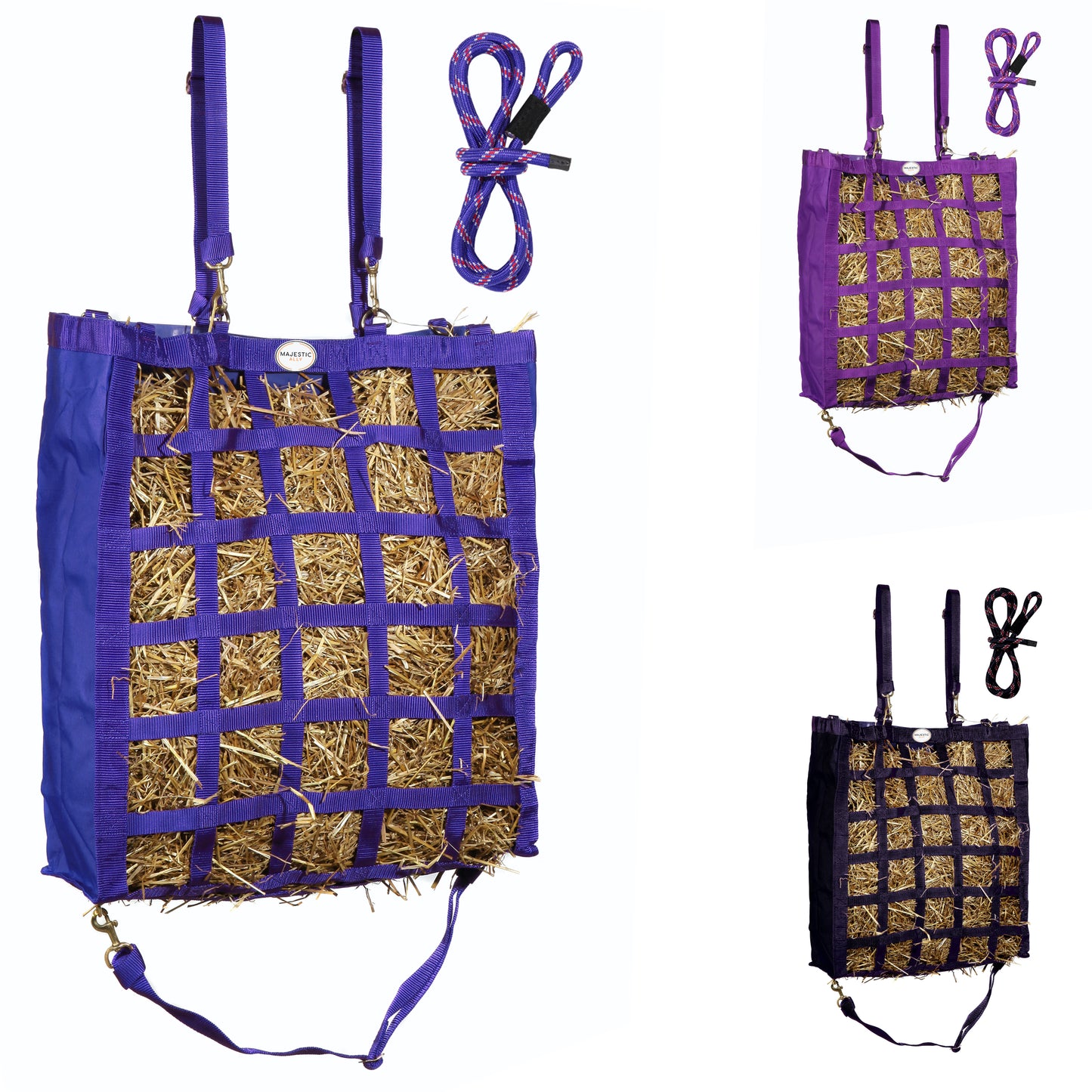 Majestic Ally Easy Feeder Hay Bag - One Side Open (3"x3" Hole) with 8 Feet Poly Rope for Horses and Livestocks with 06 months warranty