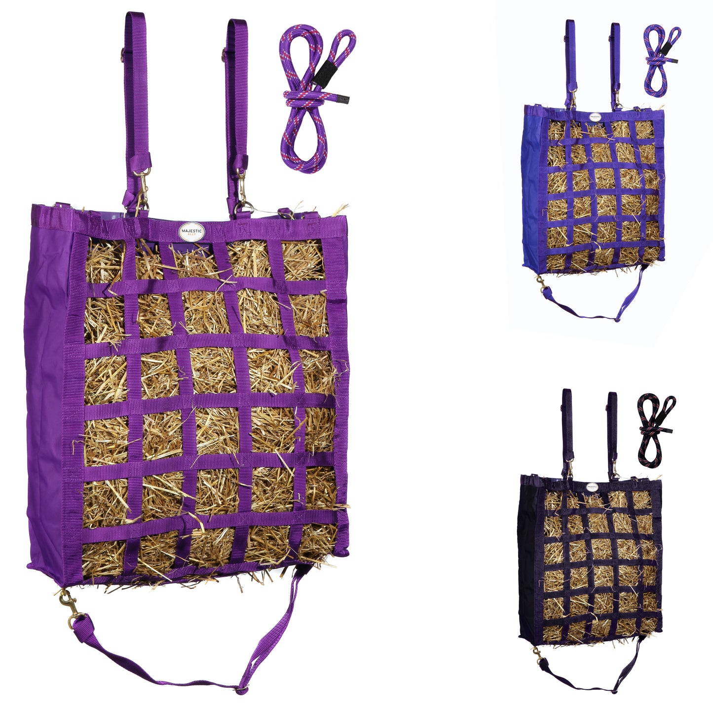 Majestic Ally Easy Feeder Hay Bag - One Side Open (3"x3" Hole) with 8 Feet Poly Rope for Horses and Livestocks with 06 months warranty