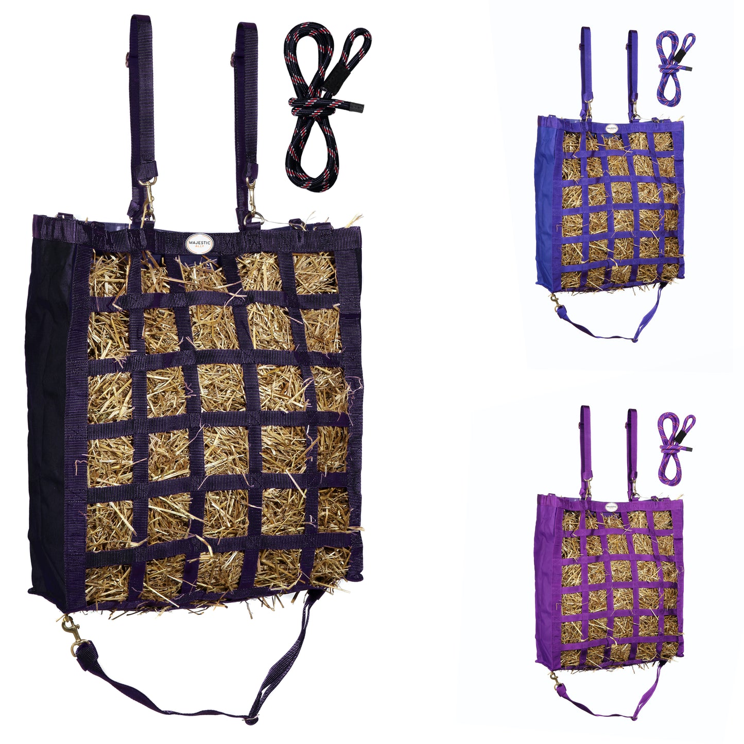 Majestic Ally Easy Feeder Hay Bag - One Side Open (3"x3" Hole) with 8 Feet Poly Rope for Horses and Livestocks with 06 months warranty