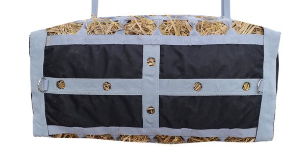 Majestic Ally Double Sided Slow Feed Hay Bag for Horses and Livestock, 2.5" Octagon Holes, Top Load, Adjustable Travel Feeder for Trailer, Stall, Simulates Grazing, Reduces Waste