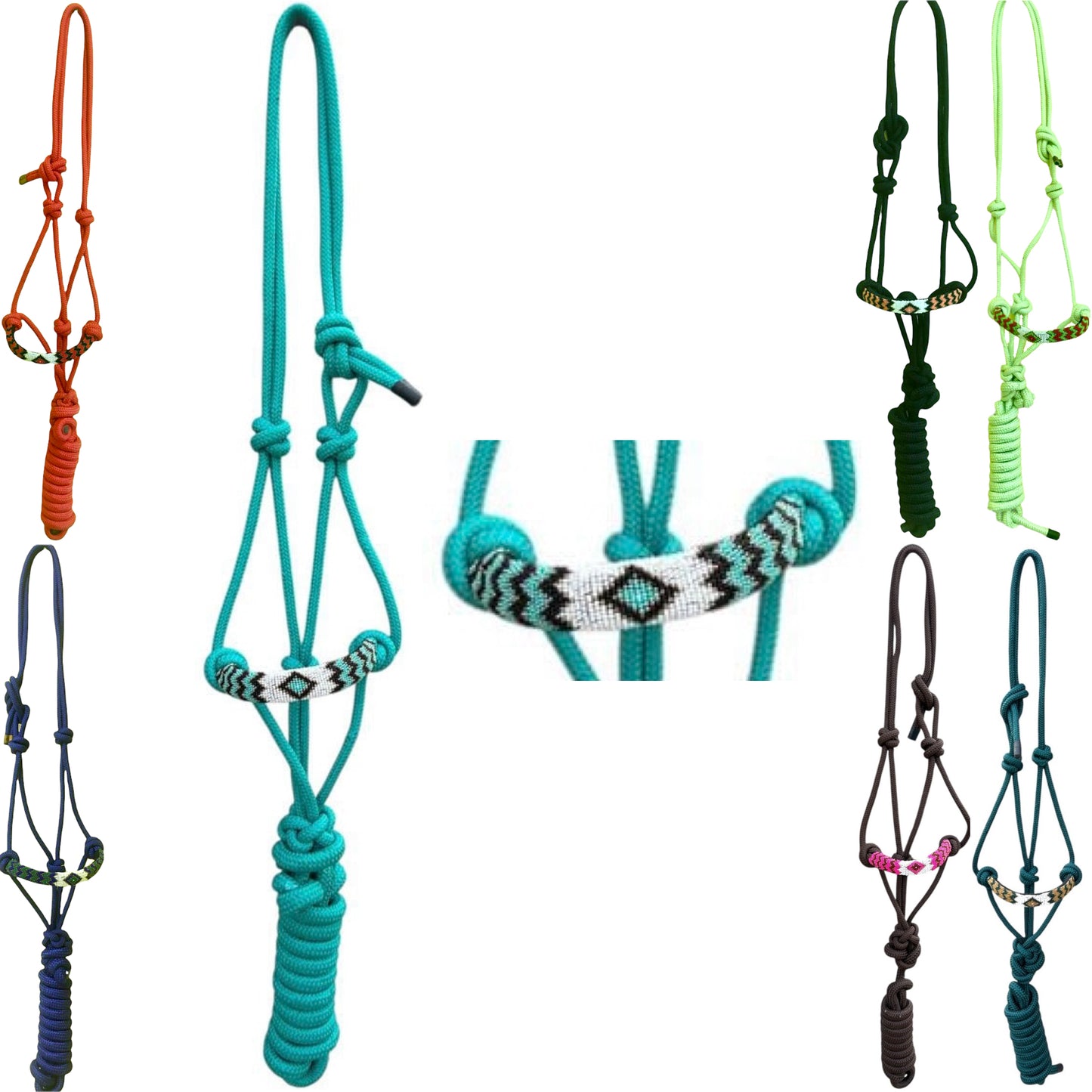 Majestic Ally Padded Beaded Nose Braided Rope Halter with 10' Matching Lead - Full
