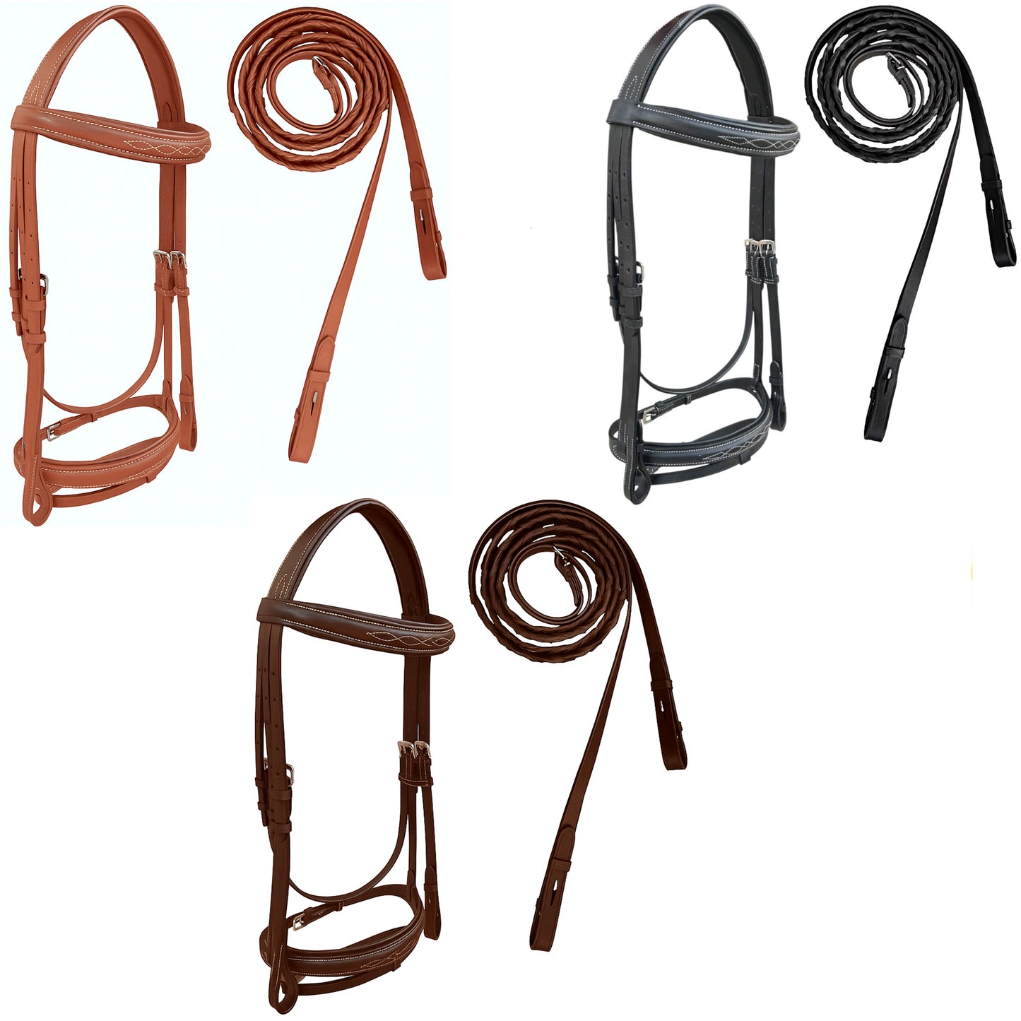 Majestic Ally Fancy Stitched Padded Bridle – Crown, Browband & Noseband – Removable Flash & Laced Reins Full