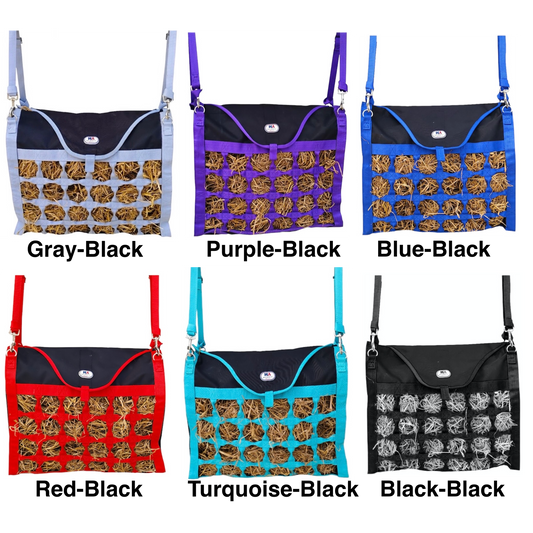 Majestic Ally Double Sided Slow Feed Hay Bag for Horses and Livestock, 2.5" Octagon Holes, Top Load, Adjustable Travel Feeder for Trailer, Stall, Simulates Grazing, Reduces Waste