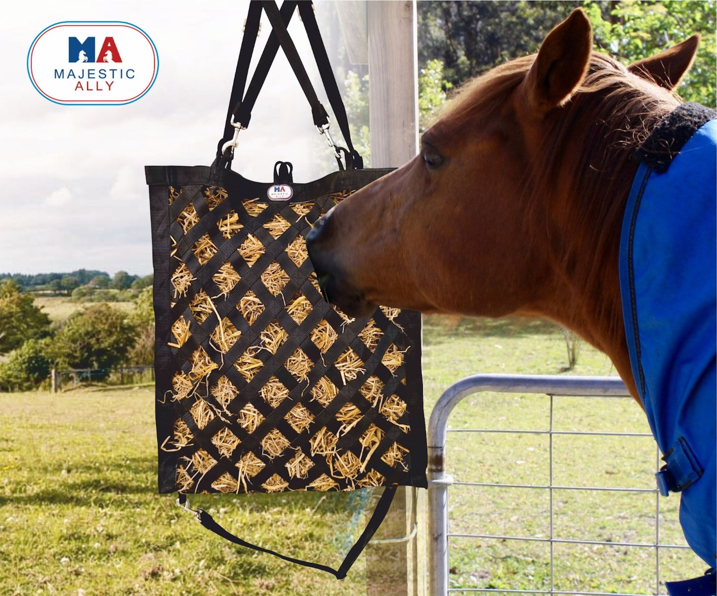Majestic Ally Slow Feeder Hay Bag - Obliquely Placed Webbing on Front and Bottom- Royal Blue