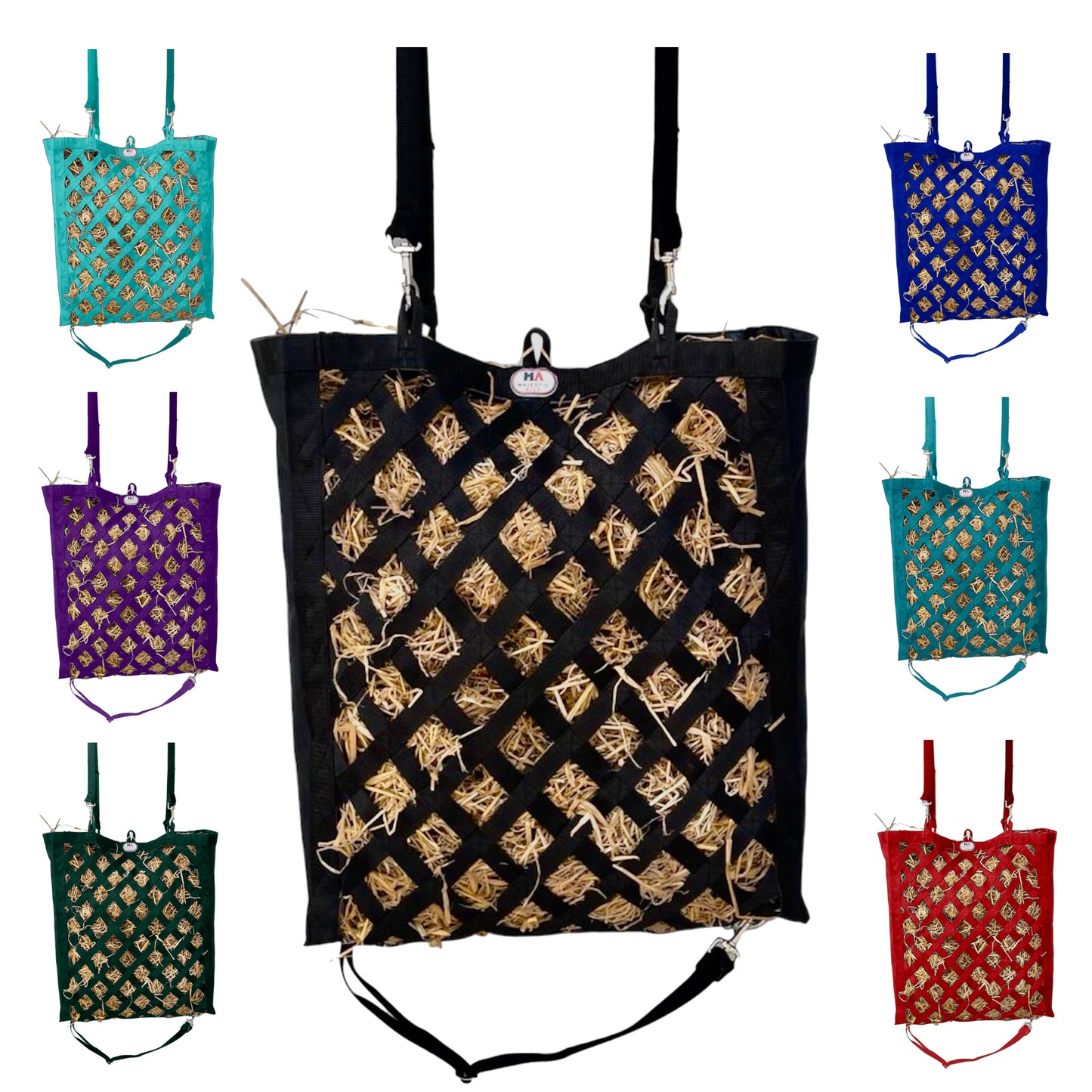 Majestic Ally Slow Feeder Hay Bag - Obliquely Placed Webbing on Front and Bottom- Royal Blue