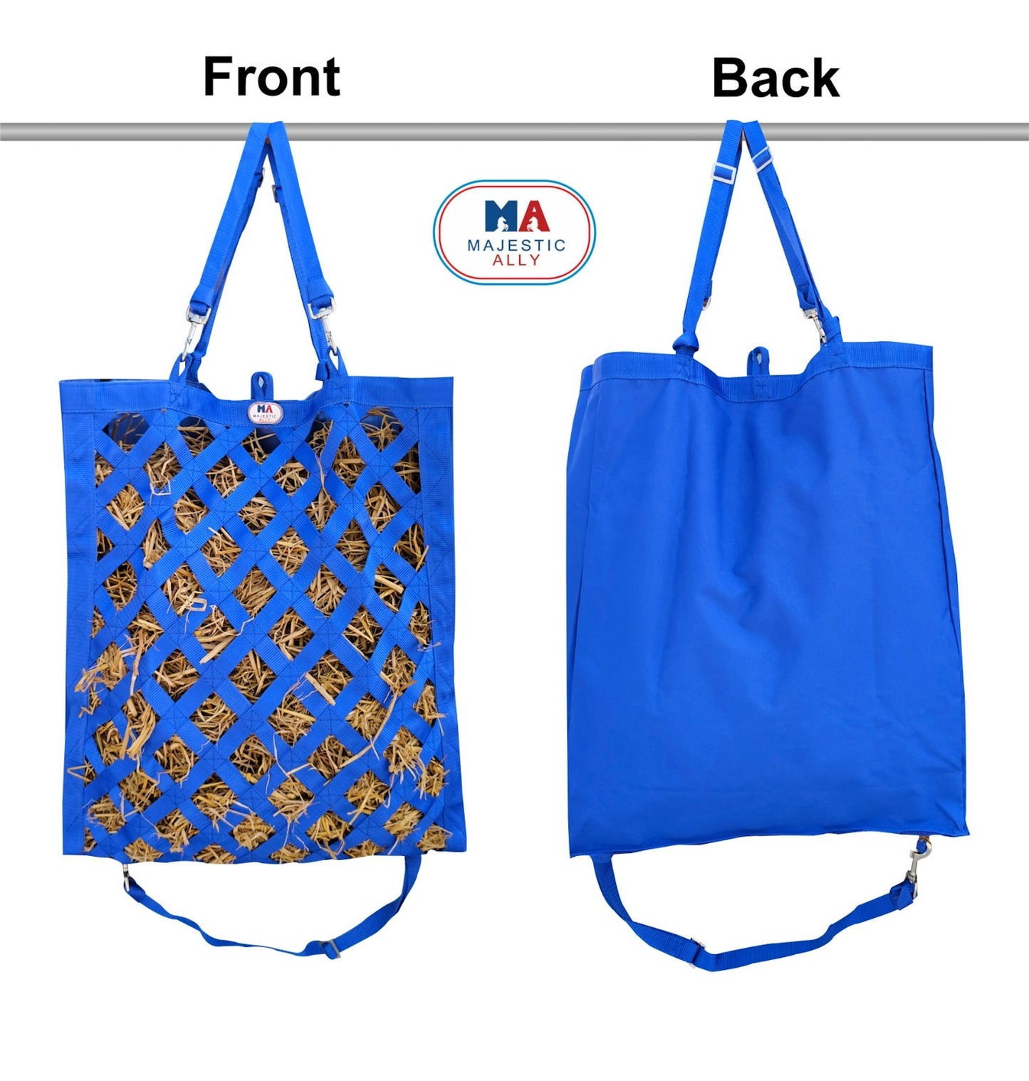 Majestic Ally Slow Feeder Hay Bag - Obliquely Placed Webbing on Front and Bottom- Royal Blue