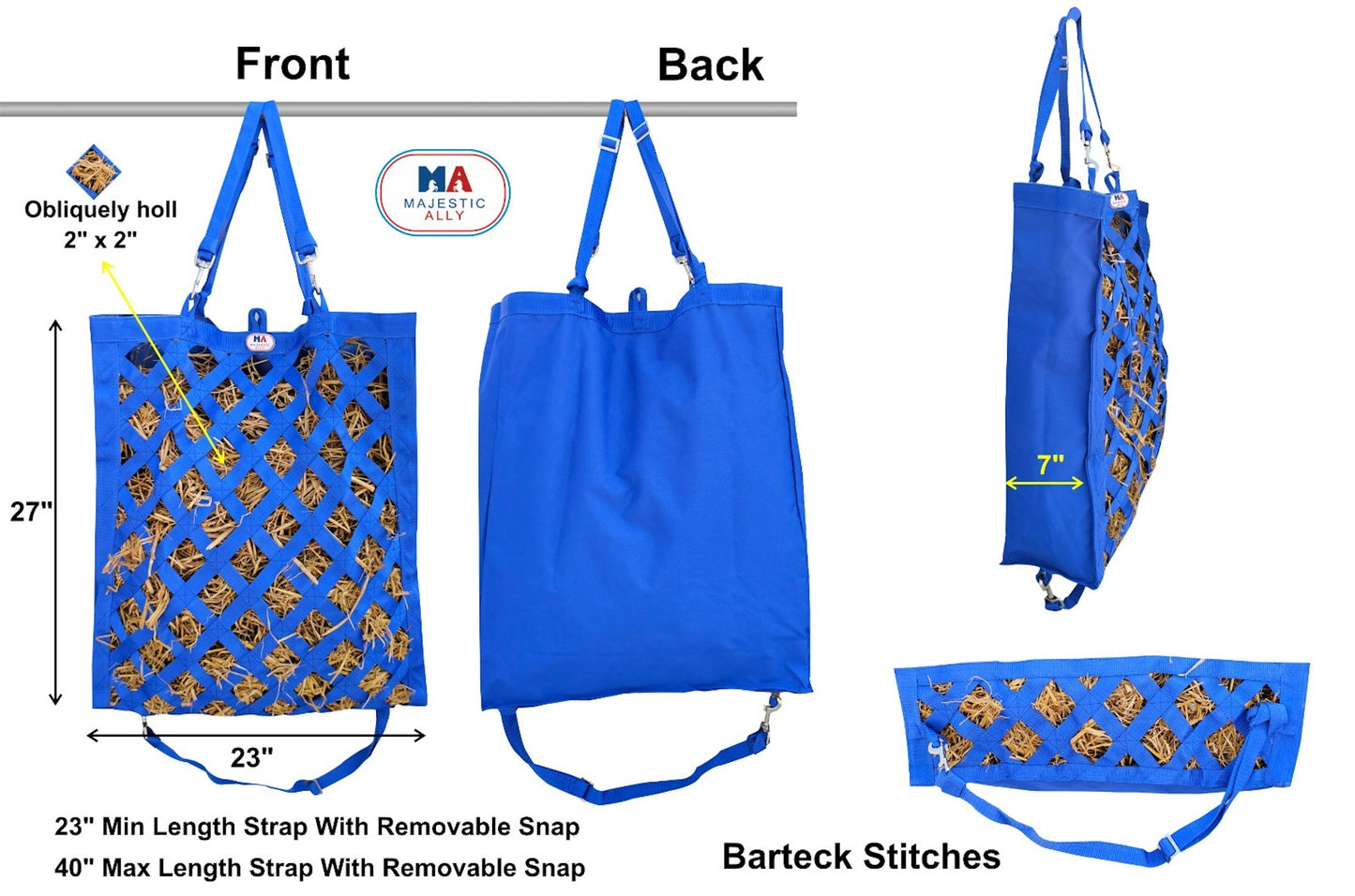 Majestic Ally Slow Feeder Hay Bag - Obliquely Placed Webbing on Front and Bottom- Royal Blue
