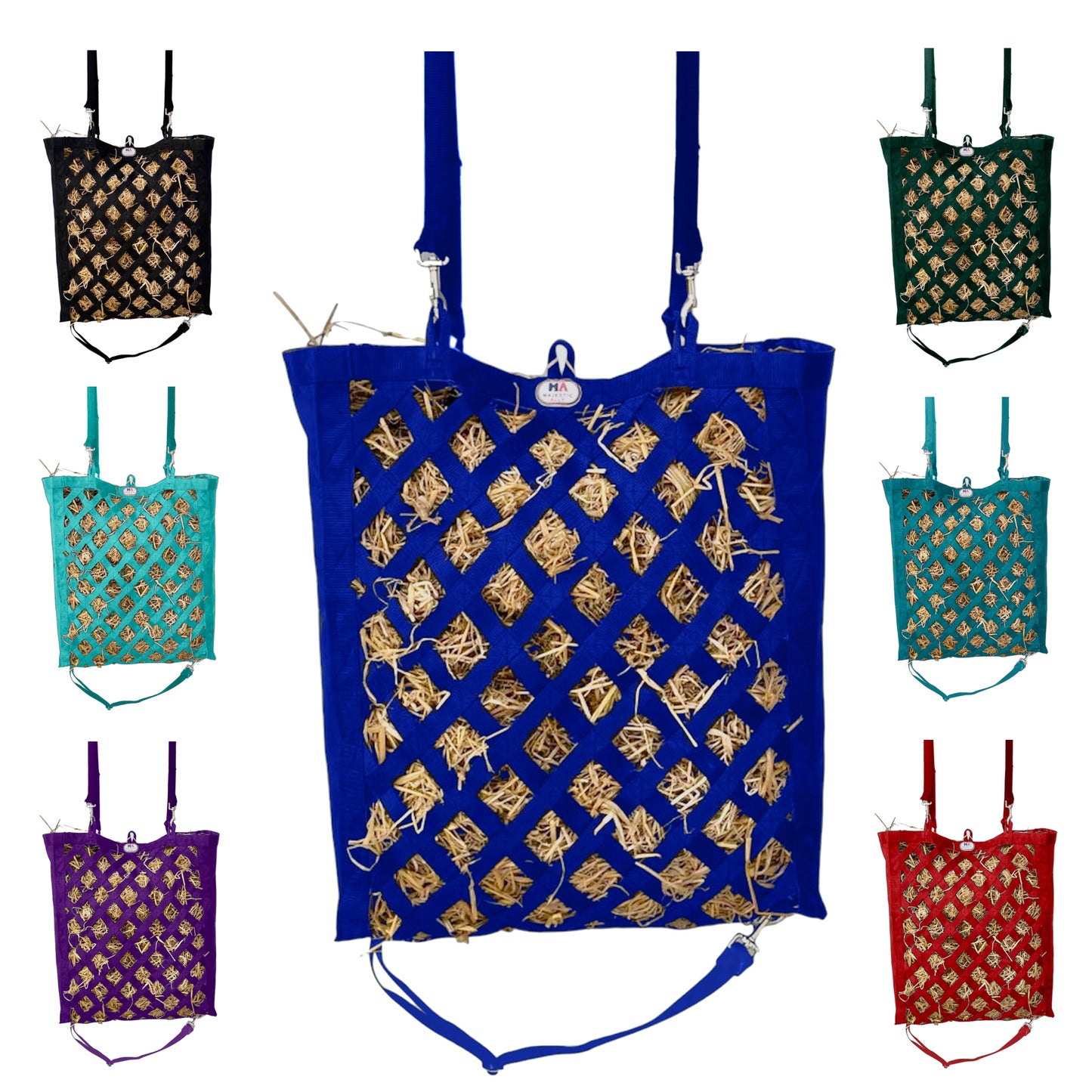 Majestic Ally Slow Feeder Hay Bag - Obliquely Placed Webbing on Front and Bottom- Royal Blue