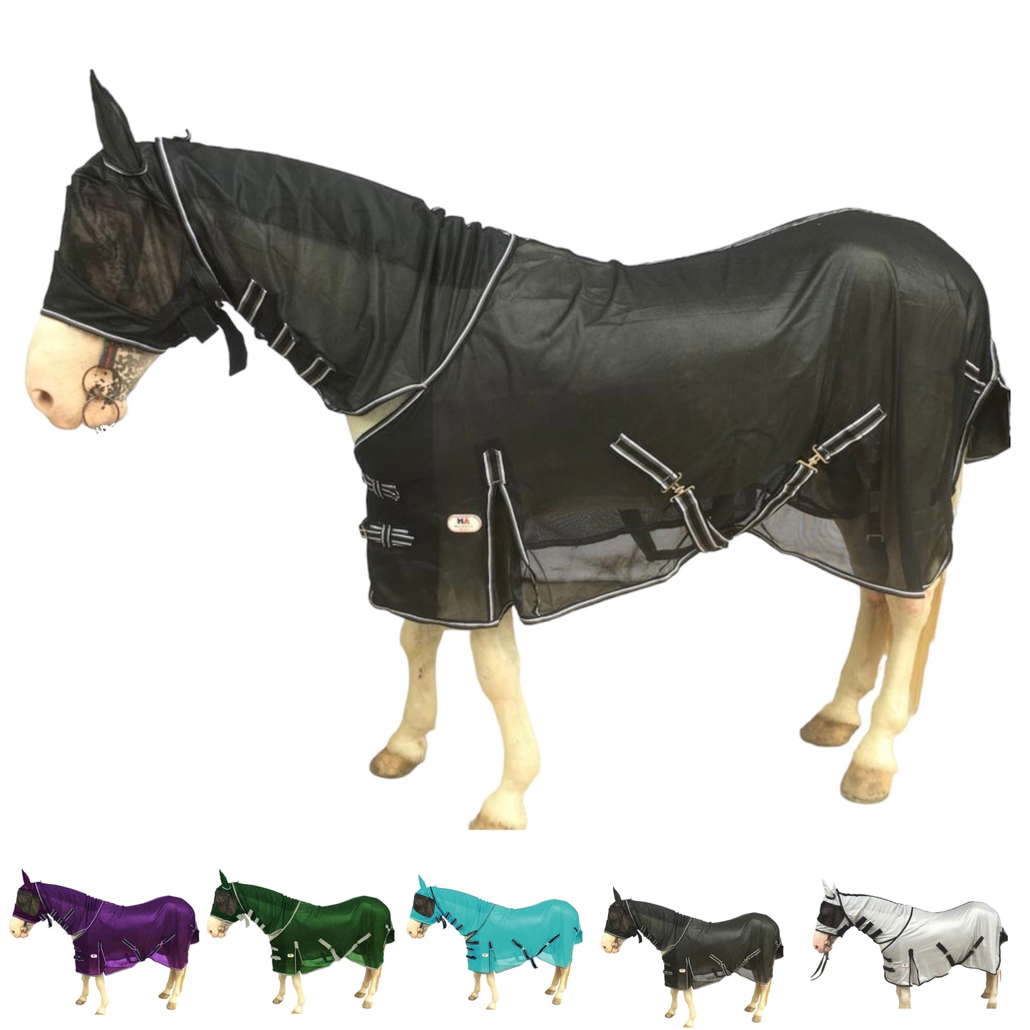 Majestic Ally Horse Fly Sheet with Neck Cover and Head Mask, Breathable UV and Bite Equine Protection, Adjustable Body Straps, Boarding or Turnout Accessory, Contoured Fit