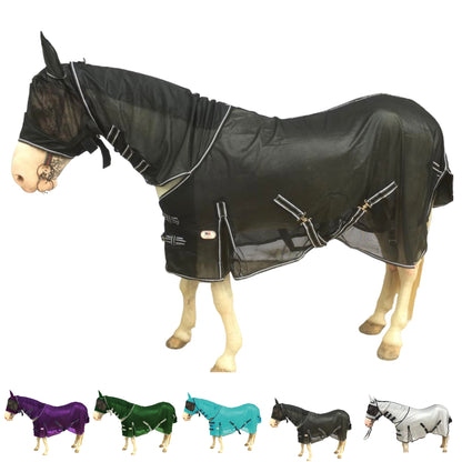 Majestic Ally Horse Fly Sheet with Neck Cover and Head Mask, Breathable UV and Bite Equine Protection, Adjustable Body Straps, Boarding or Turnout Accessory, Contoured Fit