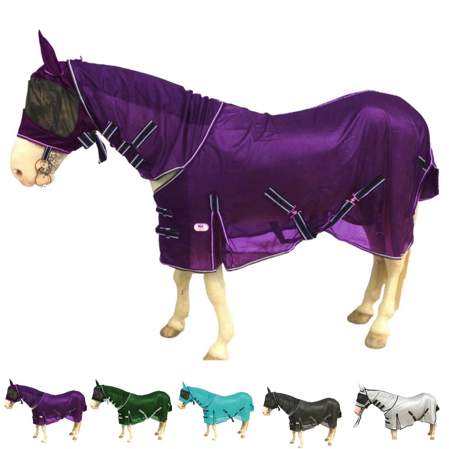 Majestic Ally Horse Fly Sheet with Neck Cover and Head Mask, Breathable UV and Bite Equine Protection, Adjustable Body Straps, Boarding or Turnout Accessory, Contoured Fit