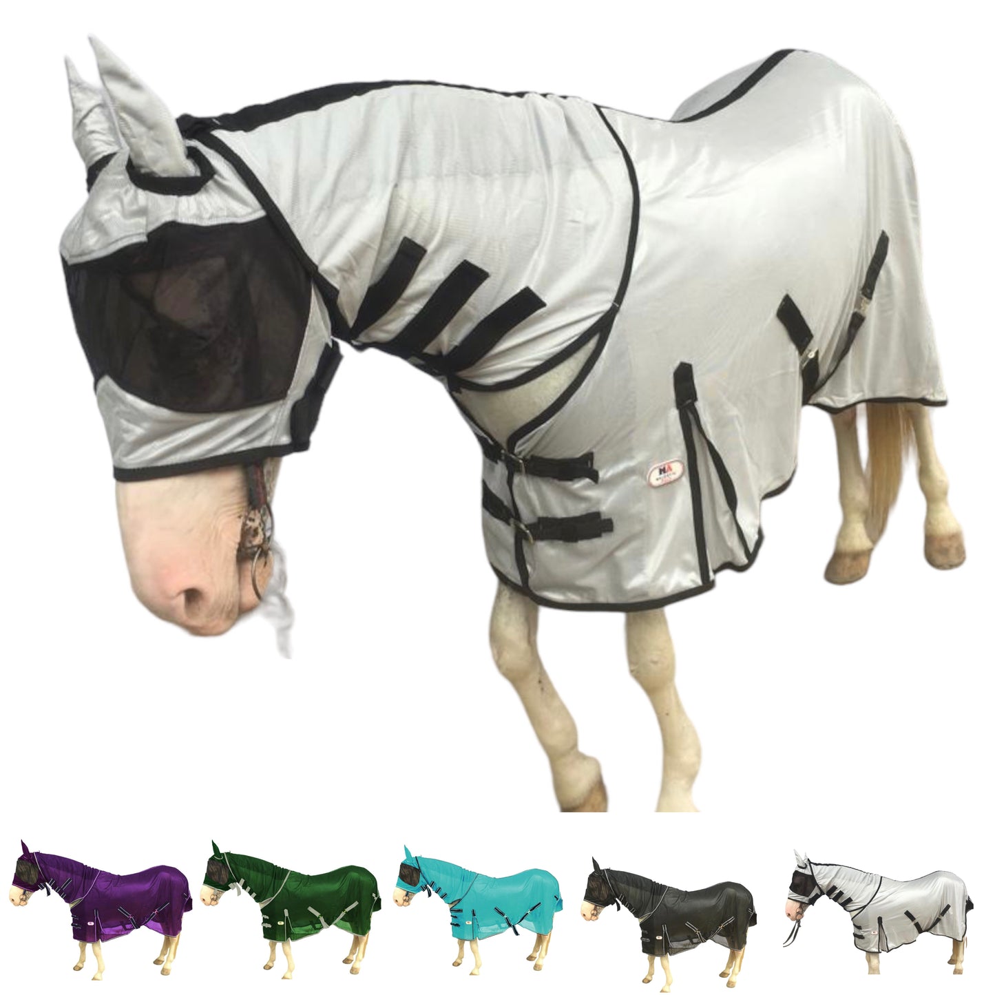 Majestic Ally Horse Fly Sheet with Neck Cover and Head Mask, Breathable UV and Bite Equine Protection, Adjustable Body Straps, Boarding or Turnout Accessory, Contoured Fit