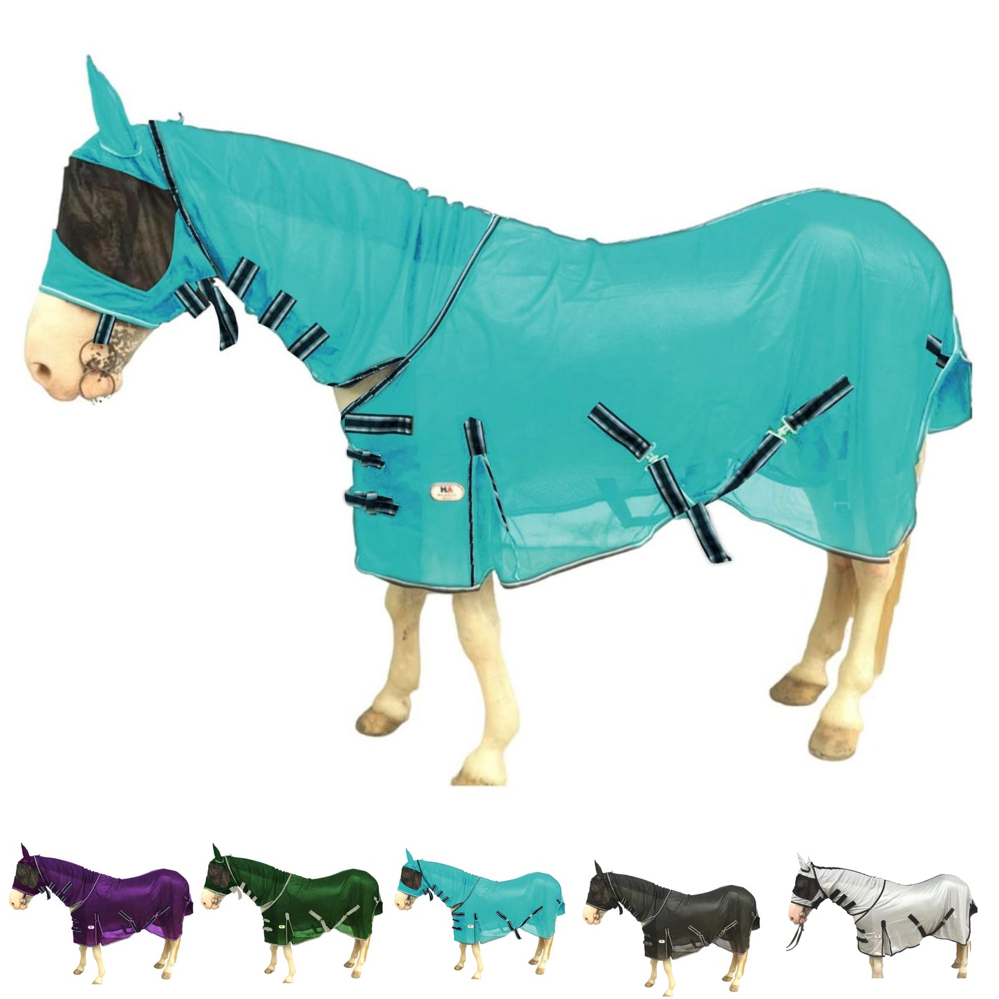 Majestic Ally Horse Fly Sheet with Neck Cover and Head Mask, Breathable UV and Bite Equine Protection, Adjustable Body Straps, Boarding or Turnout Accessory, Contoured Fit