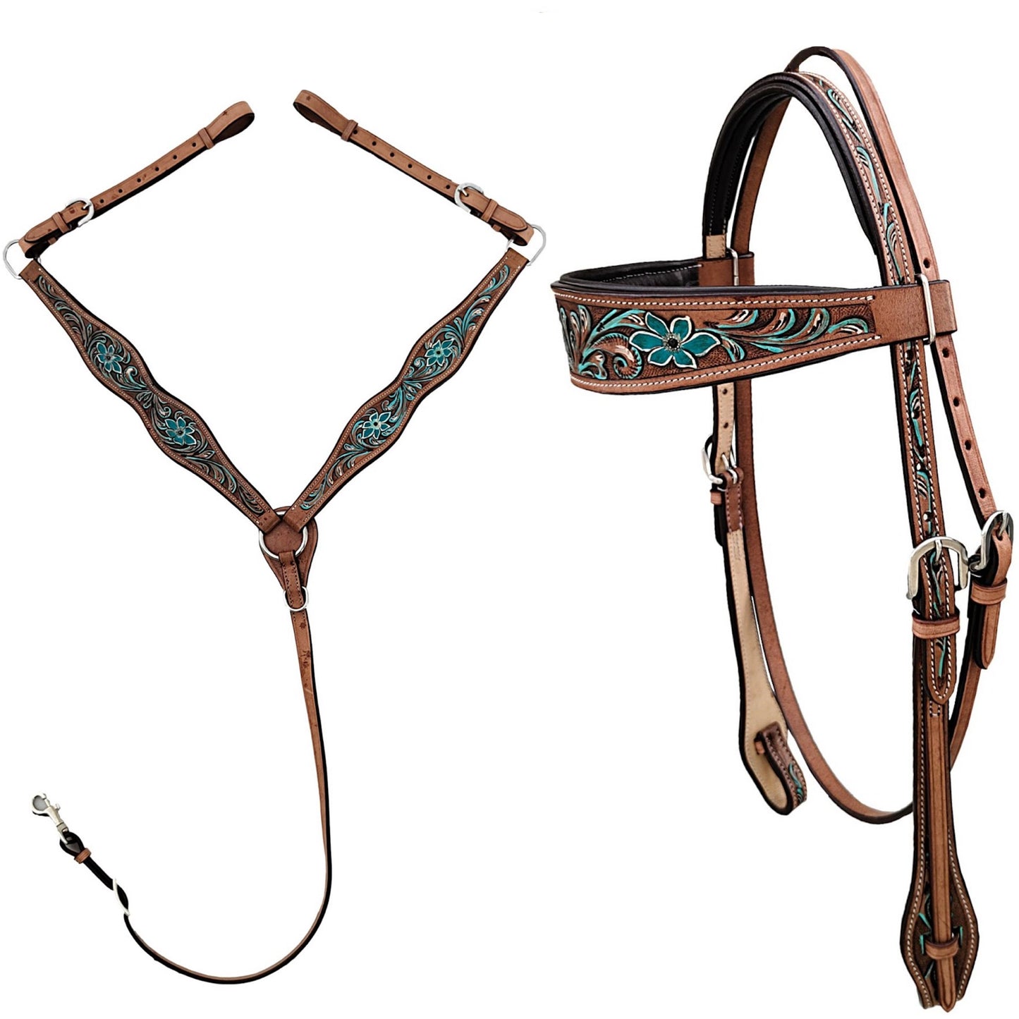Majestic Ally Western Horse Headstall & Breast Collar Set – Hand Tooled Leather with Turquoise Floral Design