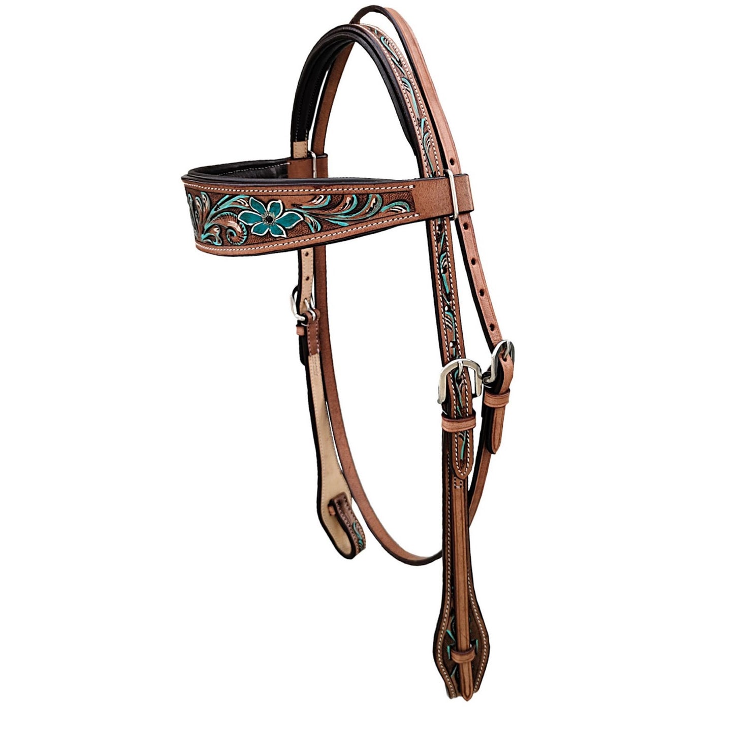 Majestic Ally Western Horse Headstall & Breast Collar Set – Hand Tooled Leather with Turquoise Floral Design