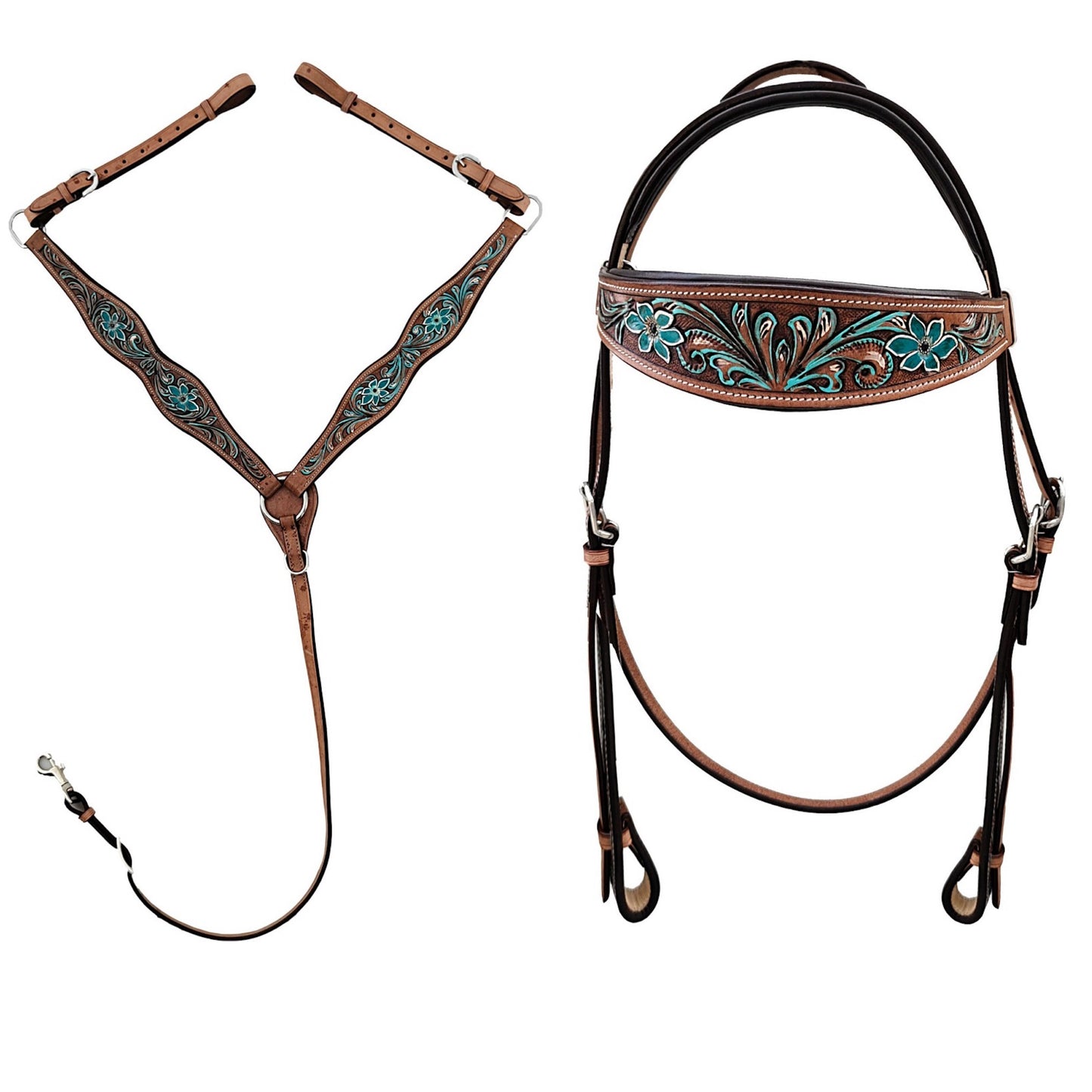 Majestic Ally Western Horse Headstall & Breast Collar Set – Hand Tooled Leather with Turquoise Floral Design