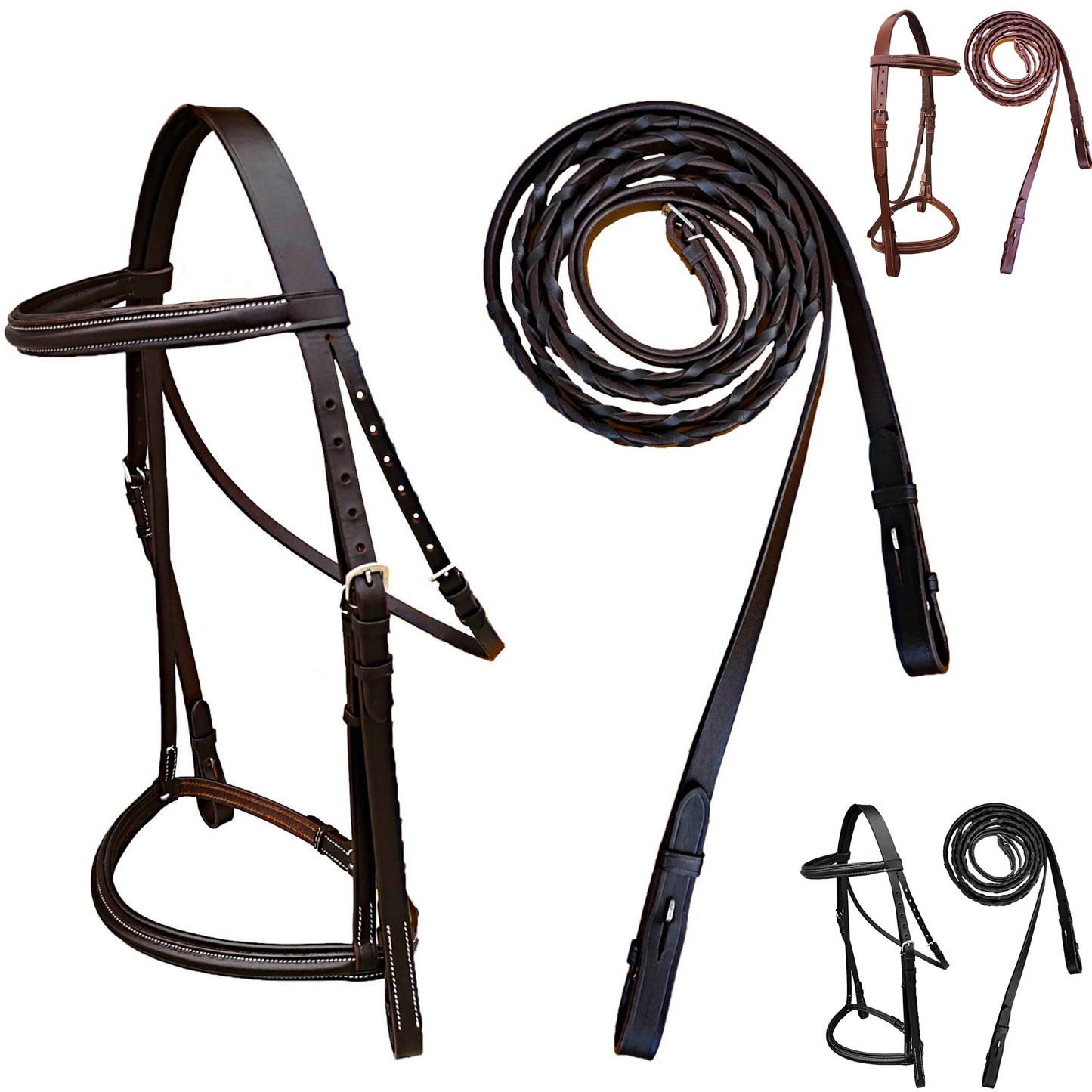 Majestic Ally Padded Raised English Bridle, Premium Leather, Matching Laced Reins