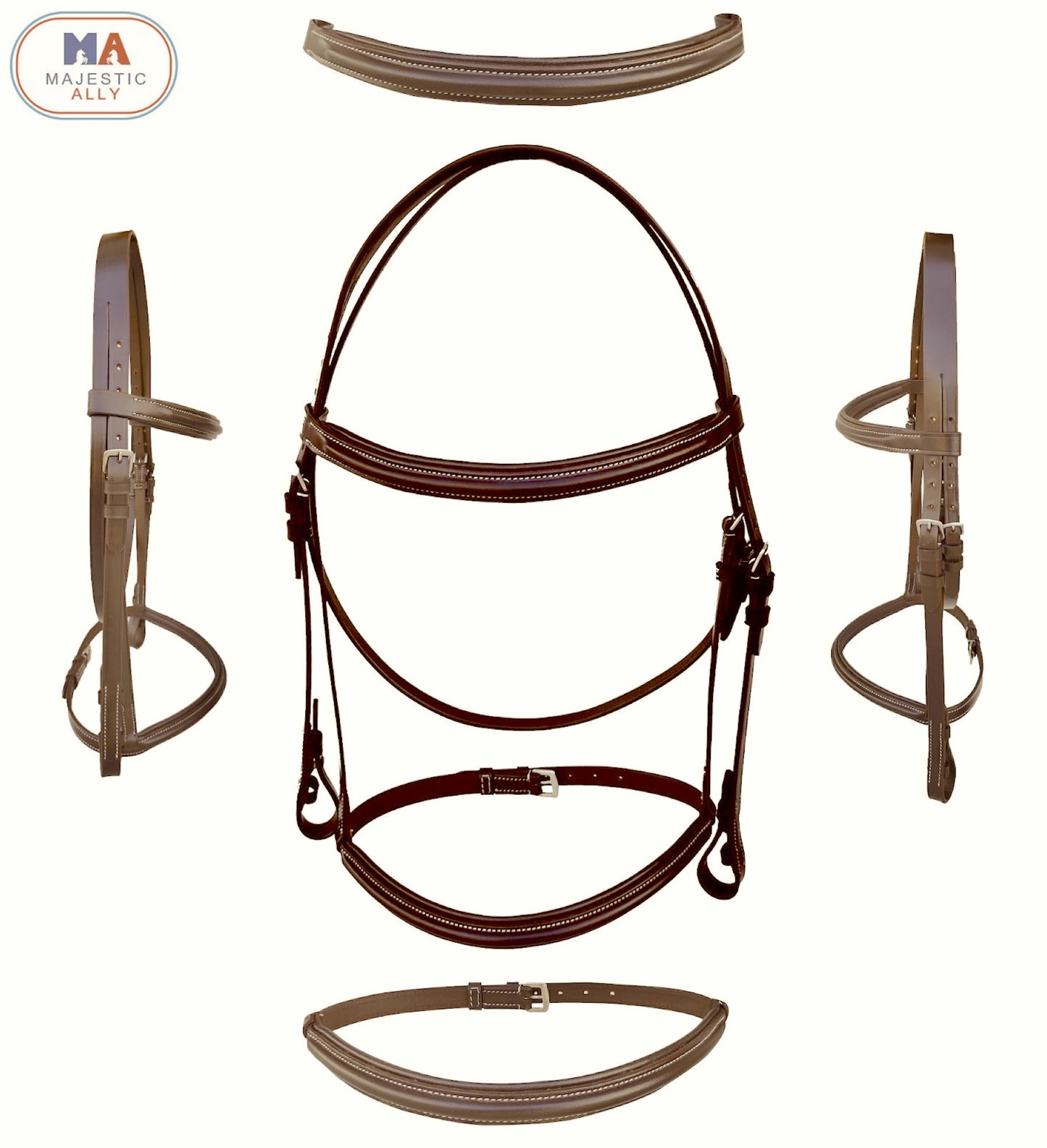 Majestic Ally Padded Raised English Bridle, Premium Leather, Matching Laced Reins