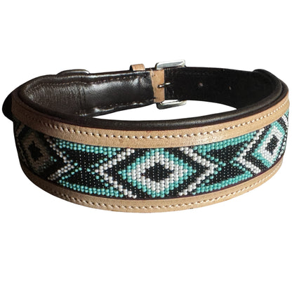 Majestic Ally Handcrafted Leather Dog Collar, Turquoise Black White Beaded Pattern, Natural Tan Trim (Turquoise-Black-White, Small)