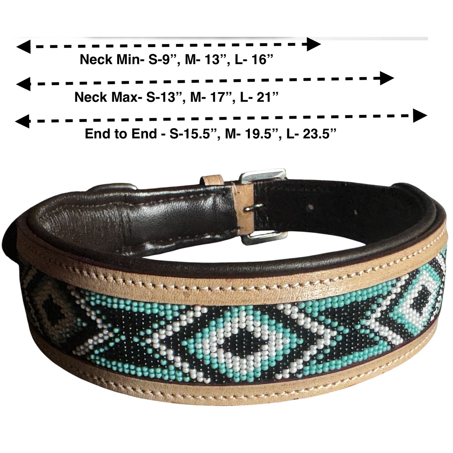 Majestic Ally Handcrafted Leather Dog Collar, Turquoise Black White Beaded Pattern, Natural Tan Trim (Turquoise-Black-White, Small)