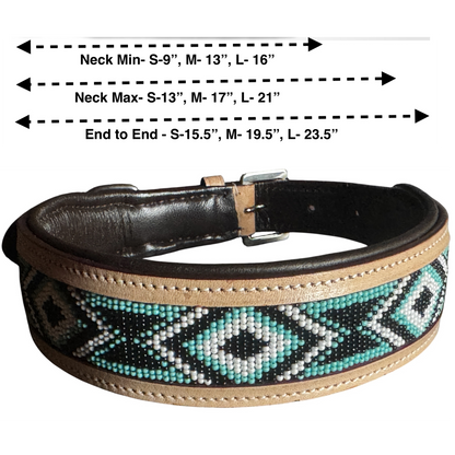 Majestic Ally Handcrafted Leather Dog Collar, Turquoise Black White Beaded Pattern, Natural Tan Trim (Turquoise-Black-White, Small)