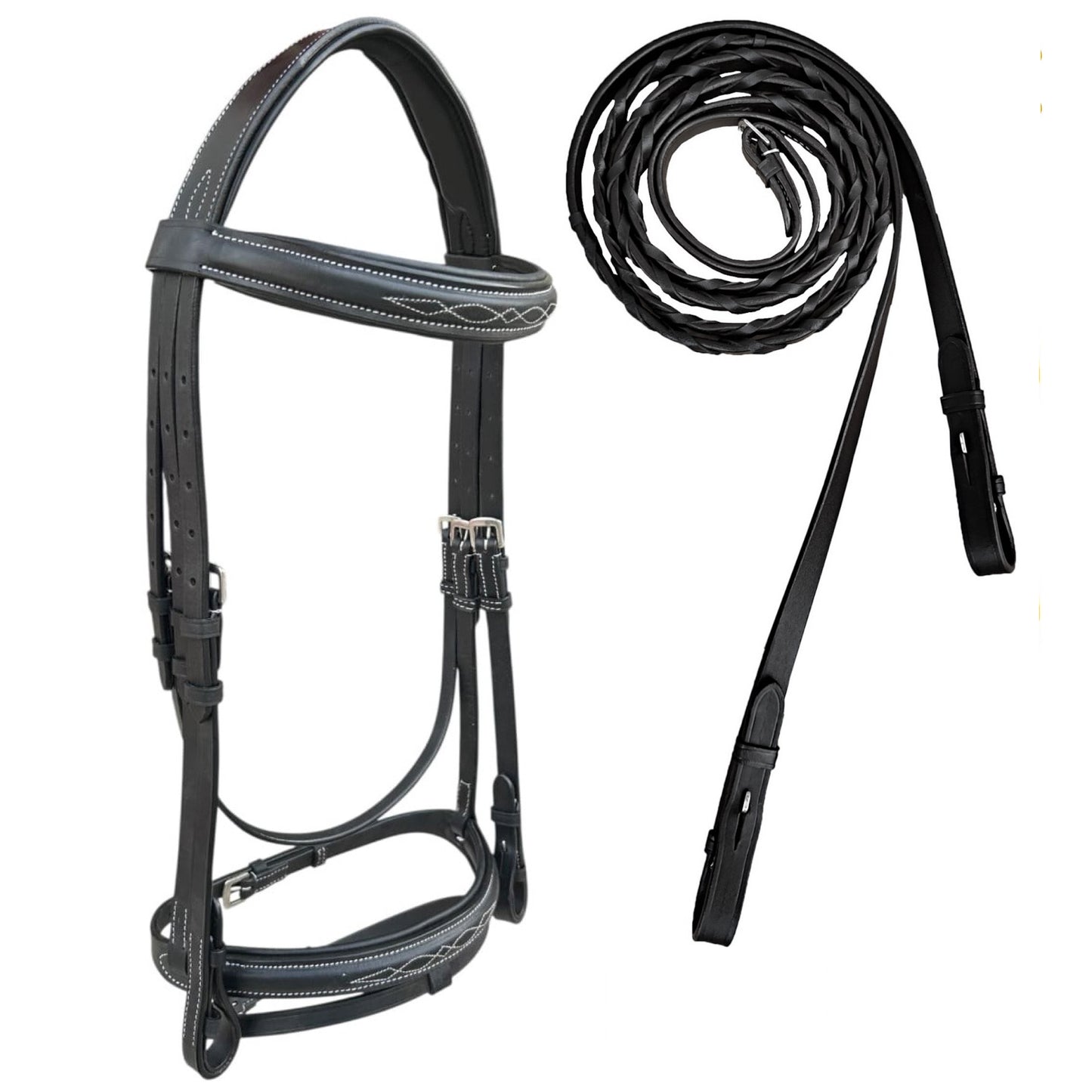 Majestic Ally Fancy Stitched Padded Bridle – Crown, Browband & Noseband – Removable Flash & Laced Reins Full