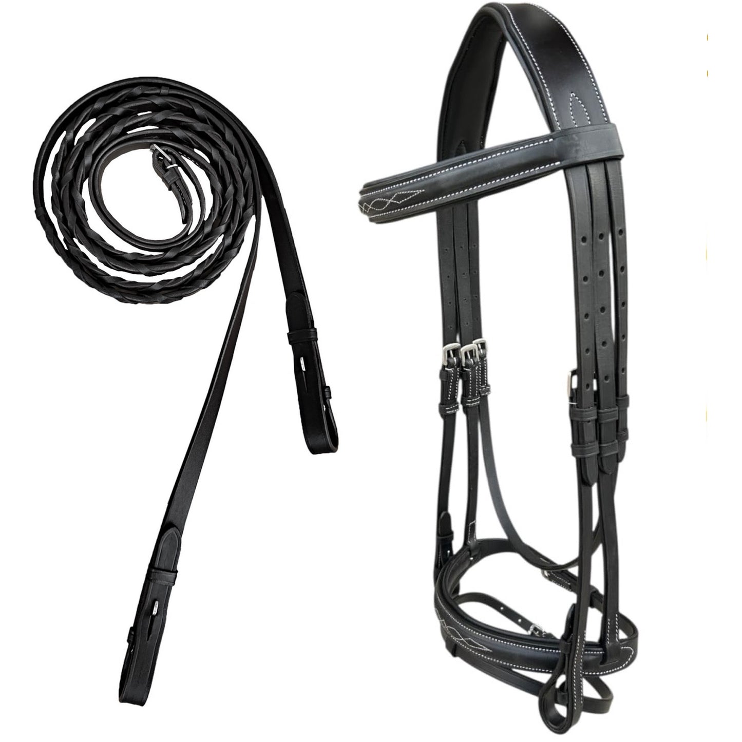 Majestic Ally Fancy Stitched Padded Bridle – Crown, Browband & Noseband – Removable Flash & Laced Reins Full