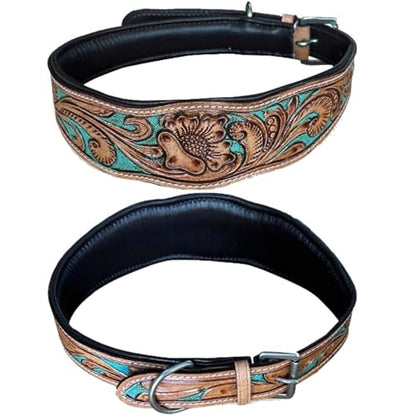 Majestic Ally Hand Tooled Leather Dog Collar, Floral Design, Colored Inlay, Antique Natural Finish