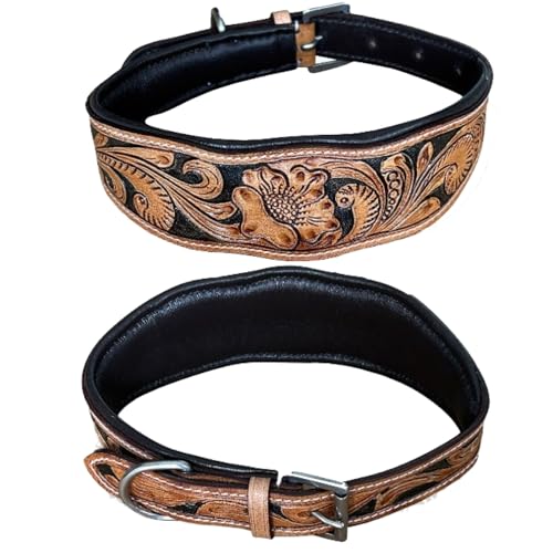 Majestic Ally Hand Tooled Leather Dog Collar, Floral Design, Colored Inlay, Antique Natural Finish