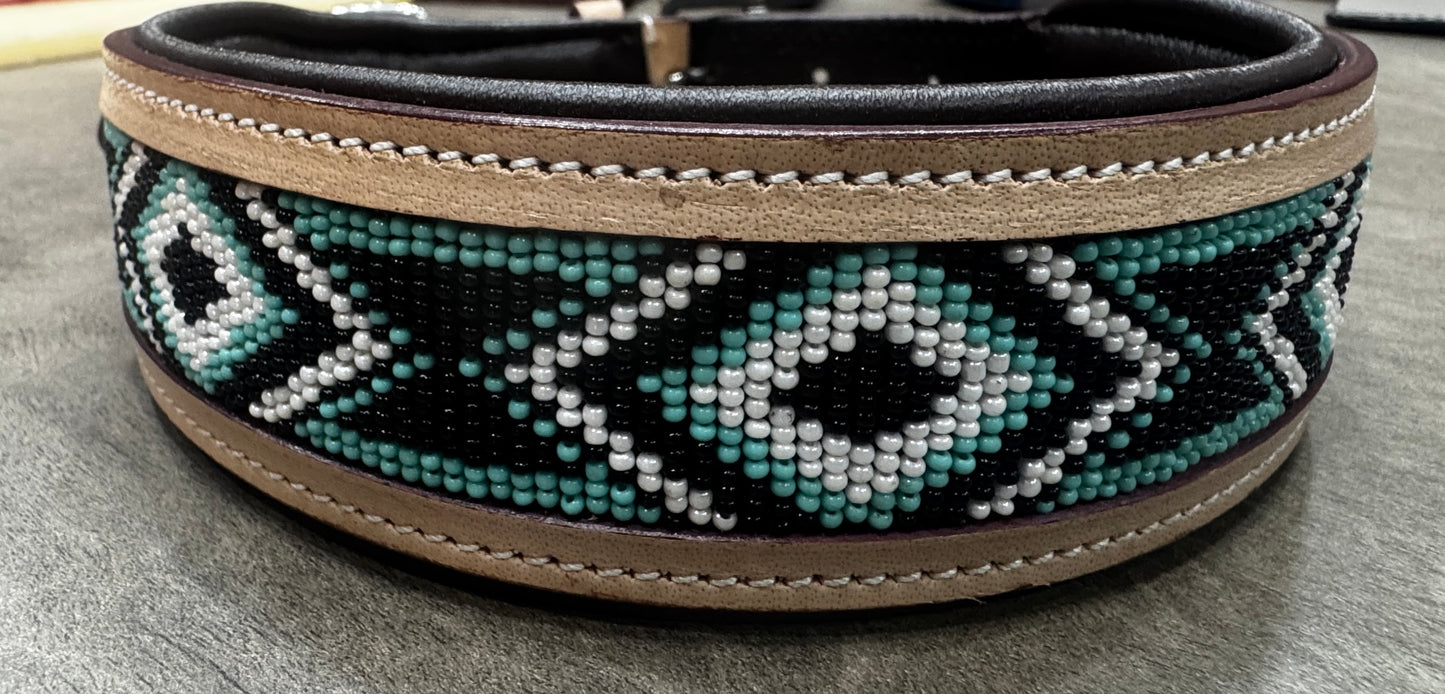 Majestic Ally Handcrafted Leather Dog Collar, Turquoise Black White Beaded Pattern, Natural Tan Trim (Turquoise-Black-White, Small)