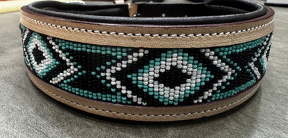 Majestic Ally Handcrafted Leather Dog Collar, Turquoise Black White Beaded Pattern, Natural Tan Trim (Turquoise-Black-White, Small)