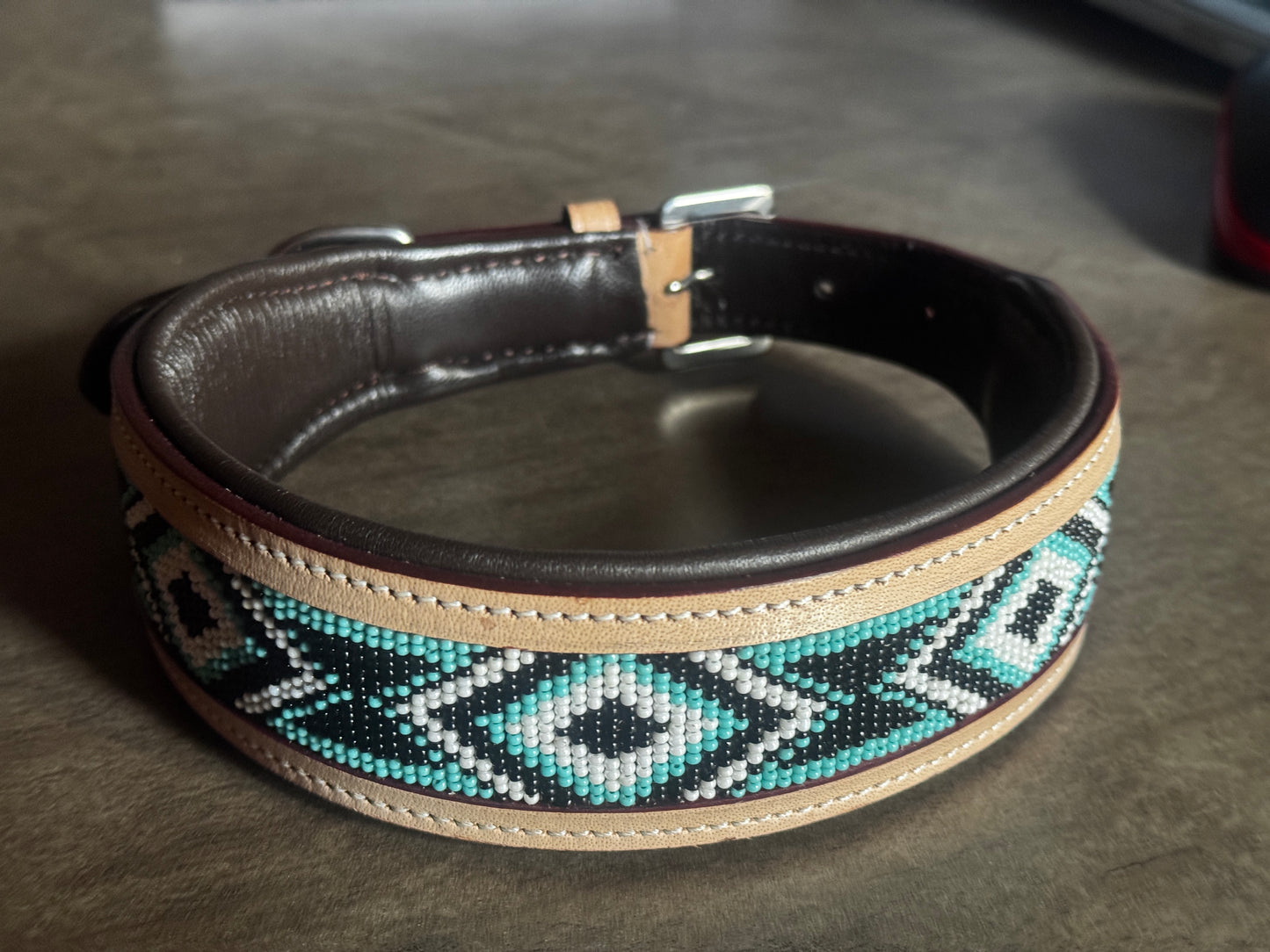 Majestic Ally Handcrafted Leather Dog Collar, Turquoise Black White Beaded Pattern, Natural Tan Trim (Turquoise-Black-White, Small)