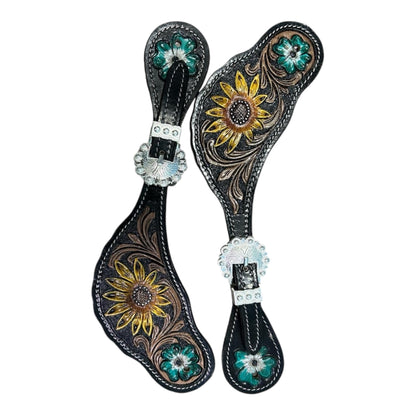 Majestic Ally Cowboy Boots Spur Straps, Pair of Natural Super Leather Antique Hand Tooling Western Spur Straps for Boots for Horse Riding