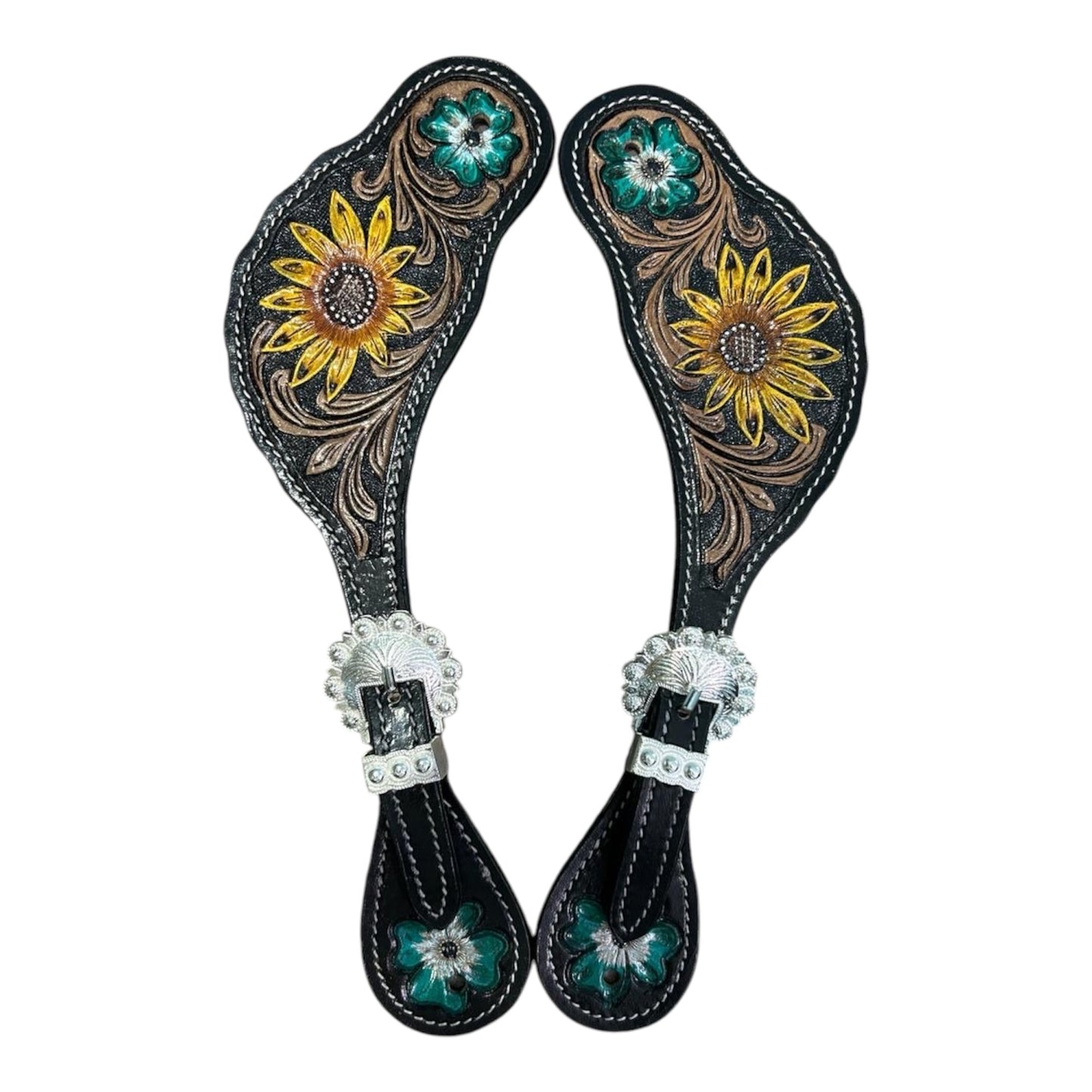 Majestic Ally Cowboy Boots Spur Straps, Pair of Natural Super Leather Antique Hand Tooling Western Spur Straps for Boots for Horse Riding
