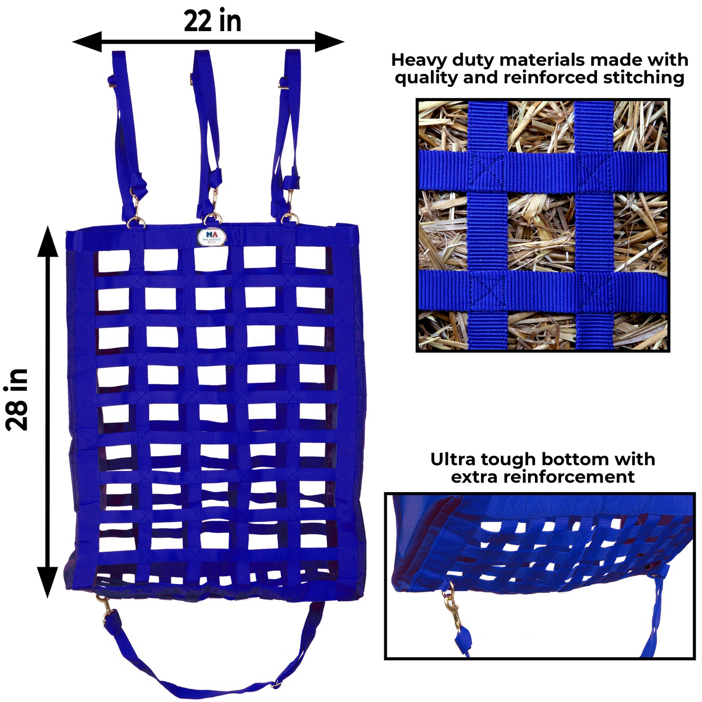 Majestic Ally Slow Feeder Hay Bag - Double Side Open, 2" x 3" Holes, with 42 Inch Hay Net for Horses and Livestocks with 1-Year Warranty