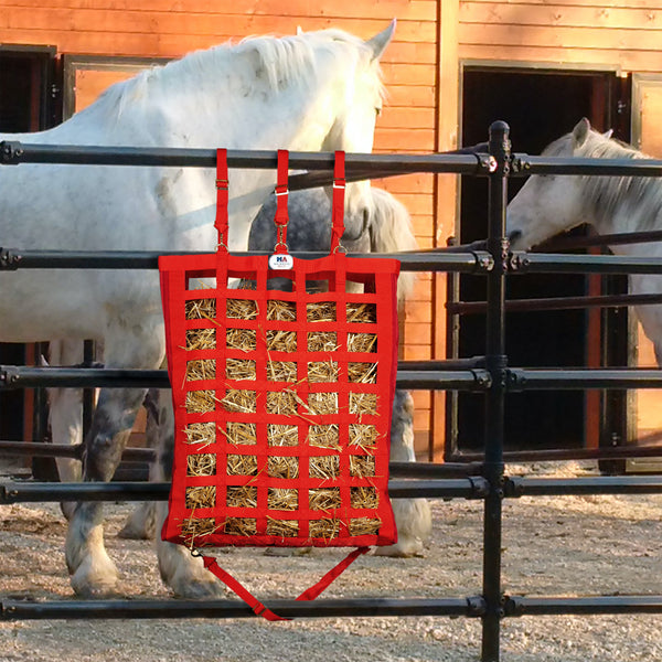 Majestic Ally Slow Feeder Hay Bag - Double Side Open, 2" x 3" Holes, with 42 Inch Hay Net for Horses and Livestocks with 1-Year Warranty