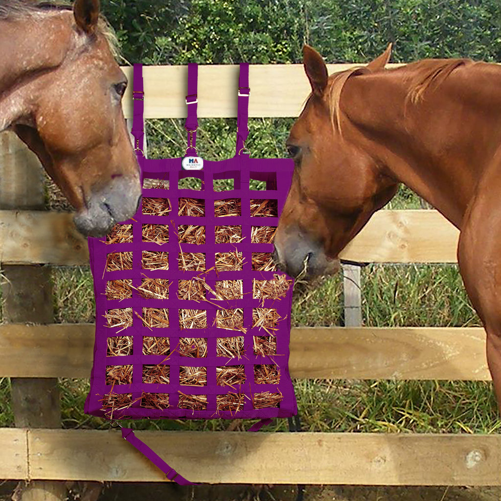 Majestic Ally Slow Feeder Hay Bag - Double Side Open, 2" x 3" Holes, with 42 Inch Hay Net for Horses and Livestocks with 1-Year Warranty