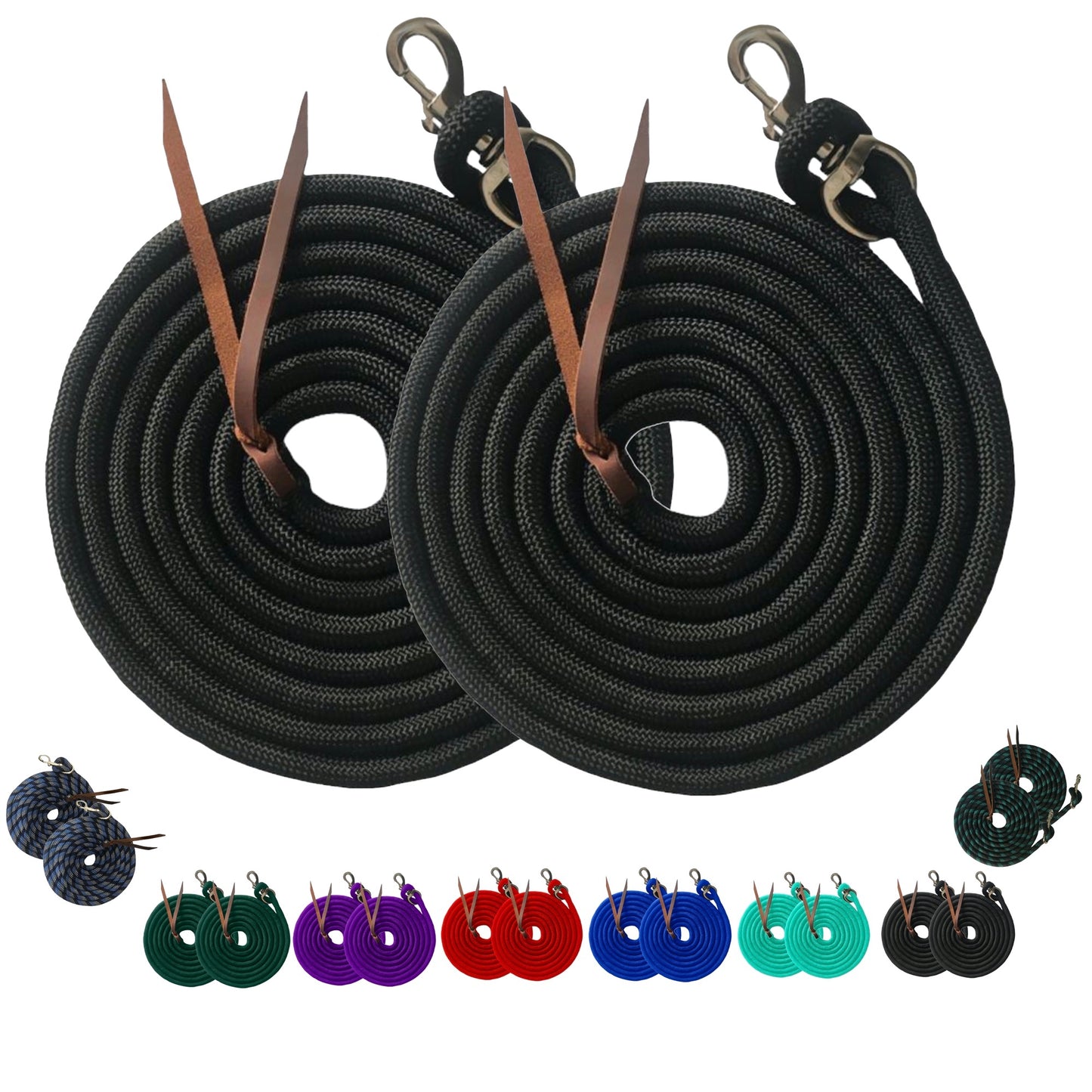 Majestic Ally 14' Pack of 2 Poly Training Lead Rope with Leather Popper for Horses & Livestock – 14 Foot Long and 5/8 inch Thick - Replaceable Heavy-Duty Bolt Snap