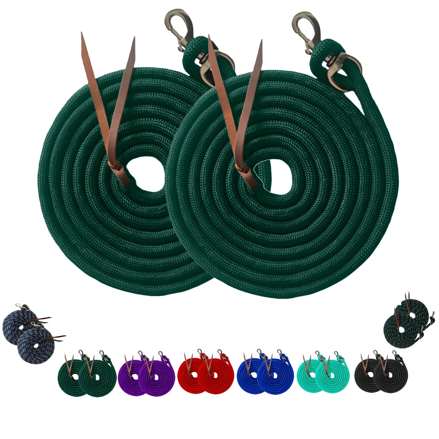 Majestic Ally 14' Pack of 2 Poly Training Lead Rope with Leather Popper for Horses & Livestock – 14 Foot Long and 5/8 inch Thick - Replaceable Heavy-Duty Bolt Snap