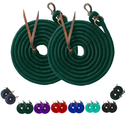 Majestic Ally 14' Pack of 2 Poly Training Lead Rope with Leather Popper for Horses & Livestock – 14 Foot Long and 5/8 inch Thick - Replaceable Heavy-Duty Bolt Snap