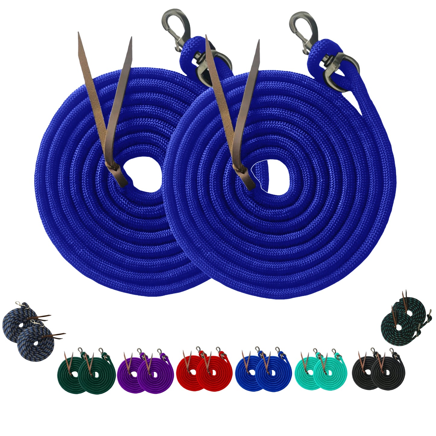 Majestic Ally 14' Pack of 2 Poly Training Lead Rope with Leather Popper for Horses & Livestock – 14 Foot Long and 5/8 inch Thick - Replaceable Heavy-Duty Bolt Snap