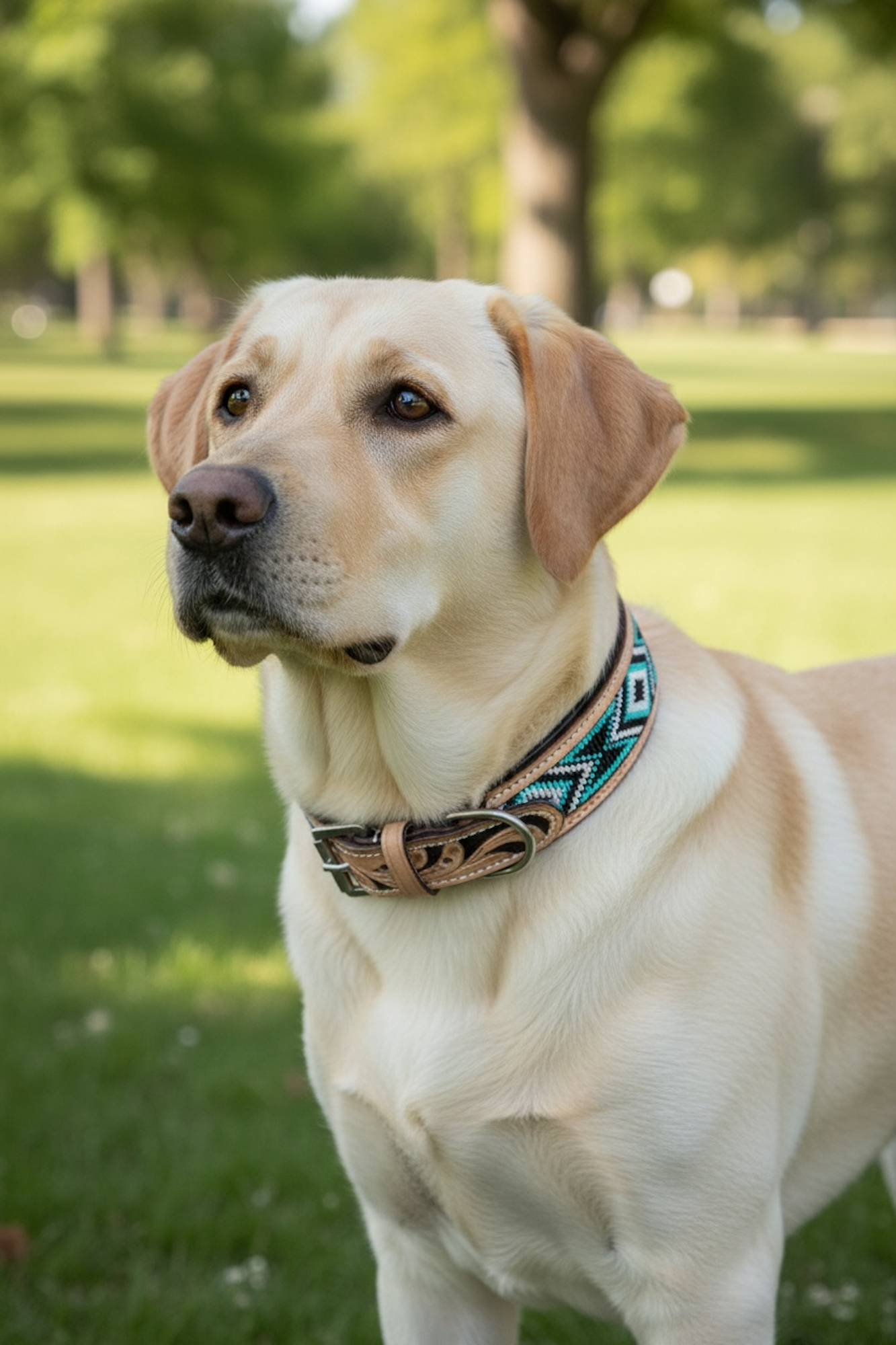 Majestic Ally Handcrafted Leather Dog Collar, Turquoise Black White Beaded Pattern, Natural Tan Trim (Turquoise-Black-White, Small)