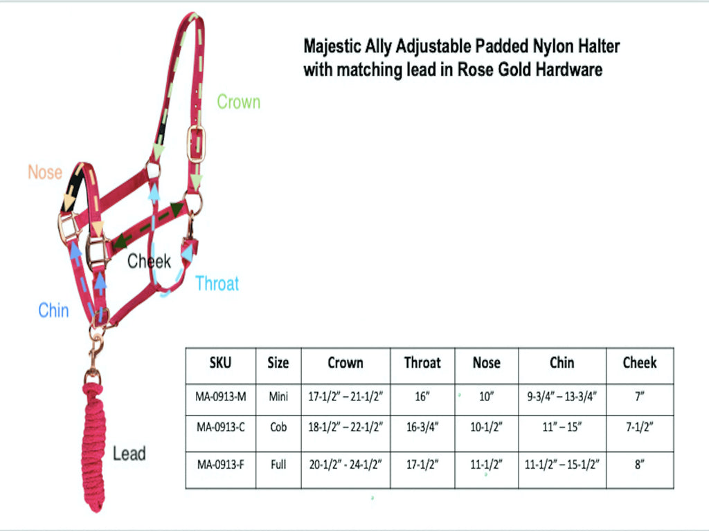Majestic Ally Halter with Matching Lead Rope for Horses–Adjustable Chin and Crown–Rolled Throat Latch with Replaceable Snap–Padded Noseband–Heavy Duty Rose Gold Finish Hardware–Full