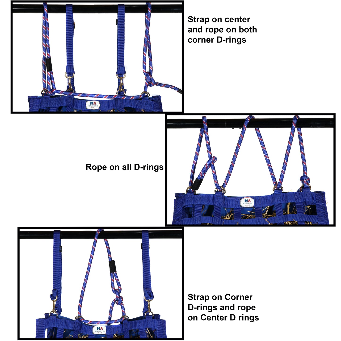 Majestic Ally Three-Side Open Slow Feeder Hay Bag with 2"x2" Holes and 8-Feet Poly Rope - Horse and Livestock Feed Bag with 1-Year Warranty