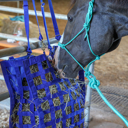 Majestic Ally Three-Side Open Slow Feeder Hay Bag with 2"x2" Holes and 8-Feet Poly Rope - Horse and Livestock Feed Bag with 1-Year Warranty