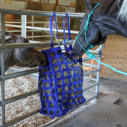 Majestic Ally Three-Side Open Slow Feeder Hay Bag with 2"x2" Holes and 8-Feet Poly Rope - Horse and Livestock Feed Bag with 1-Year Warranty