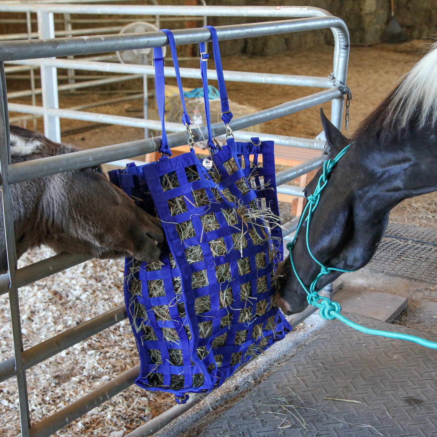 Majestic Ally Three-Side Open Slow Feeder Hay Bag with 2"x2" Holes and 8-Feet Poly Rope - Horse and Livestock Feed Bag with 1-Year Warranty